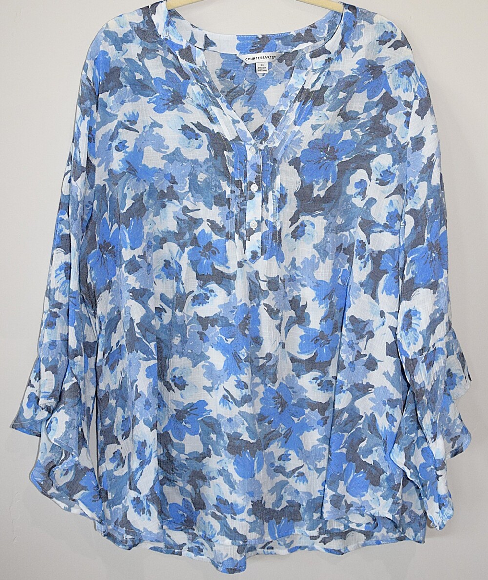 Counterparts Blue Floral Print 3/4 Ruffle Sleeve Romantic Boho Blouse Top 3X